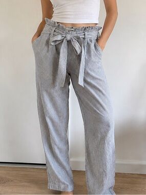 C&C California Blue and White Striped Paperbag Linen Pants with Belt